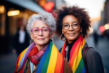 Mature lesbian women wearing a LGBT flag at a gay pride day parade. Diversity and equality - obrazy, fototapety, plakaty