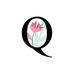 Floral alphabet, letter Q with flowers and leaf. For invitations, greeting card, logo, poster and other design.