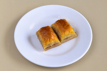 Turkish Dessert Sobiyet  Baklava, kadayif,  mussels baklava and classic baklava with Pistachio . Cevizli, Fistikli Baklava, top view.