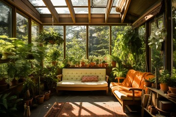 Stunning mid-century sun room in a cottage filled with garden plants. Generative AI