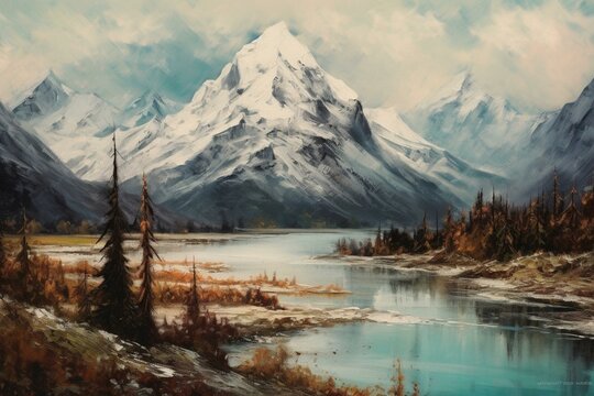 Oil painting snowy mountain with lake foreground. Generative AI