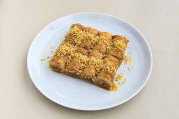 Turkish Dessert Sobiyet  Baklava, kadayif,  mussels baklava and classic baklava with Pistachio . Cevizli, Fistikli Baklava, top view.