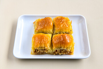 Turkish Dessert Sobiyet  Baklava, kadayif,  mussels baklava and classic baklava with Pistachio . Cevizli, Fistikli Baklava, top view.