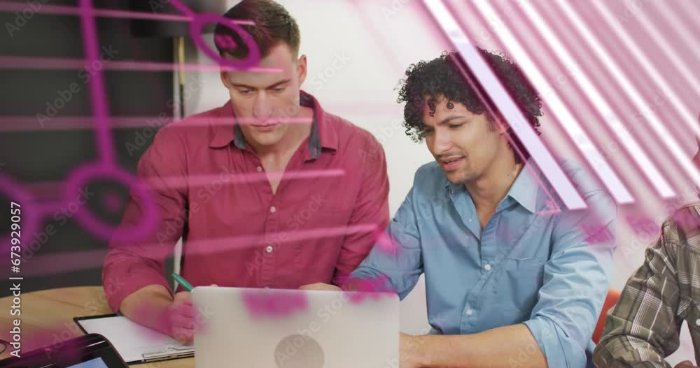Poster animation of graph, globe and computer language over diverse coworkers discussing reports on laptop