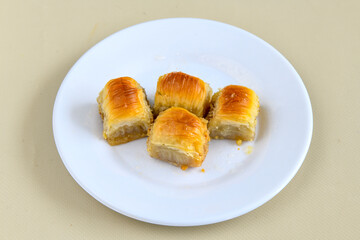 Turkish Dessert Sobiyet  Baklava, kadayif,  mussels baklava and classic baklava with Pistachio . Cevizli, Fistikli Baklava, top view.