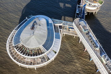 Aerial view Dutch pier Scheveningen with cityschape at The Hague