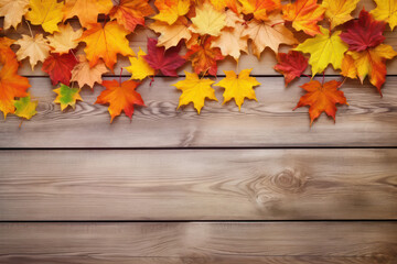 Naklejka na ściany i meble Autumnal Elegance, Maple Leaves on Wooden Surface