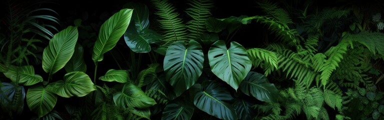 Tropical rainforest foliage plants bushes (ferns, palm, philodendrons and tropic plants leaves) in tropical garden on black background, green variegated leaves pattern  frame forest, Generative AI - obrazy, fototapety, plakaty