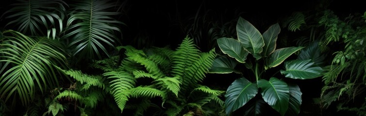 Fototapeta na wymiar Tropical rainforest foliage plants bushes (ferns, palm, philodendrons and tropic plants leaves) in tropical garden on black background, green variegated leaves pattern frame forest, Generative AI