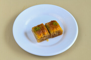 Turkish Dessert Sobiyet  Baklava, kadayif,  mussels baklava and classic baklava with Pistachio . Cevizli, Fistikli Baklava, top view.