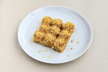Turkish Dessert Sobiyet  Baklava, kadayif,  mussels baklava and classic baklava with Pistachio . Cevizli, Fistikli Baklava, top view.