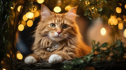 Singaporean cat portrait, Happy New Year in decorations: garlands, Christmas tree branches. Singaporean. Horizontal banking background for web. Photo AI Generated