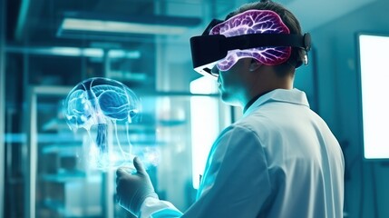 Medical researcher wearing VR goggles in laboratory to view model of the brain