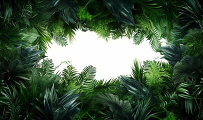 Green leaves of tropical plants bush (Monstera, palm, fern, rubber plant, pine, birds nest fern) foliage floral arrangement nature frame backdrop, Generative AI