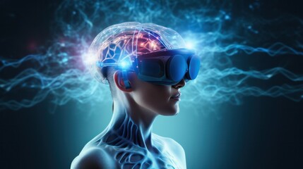 Obraz premium Human use VR goggles showing 3D brain for technology
