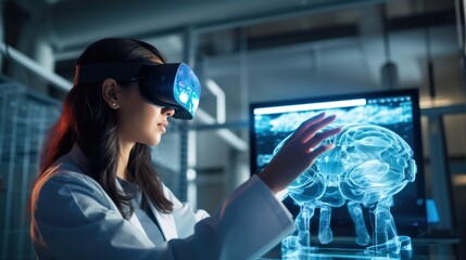 Medical researcher wearing VR goggles in laboratory to view model of the brain