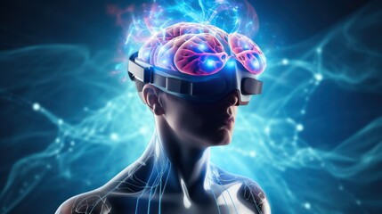 Human use VR goggles showing 3D brain for technology