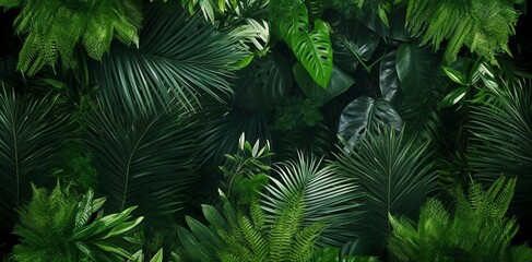 Green leaves of tropical plants bush (Monstera, palm, fern, rubber plant, pine, birds nest fern) foliage floral arrangement nature frame backdrop, Generative AI