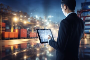 Cropped photo of a businessman with tablet computer at container warehouse.