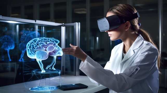Medical researcher wearing VR goggles in laboratory to view model of the brain