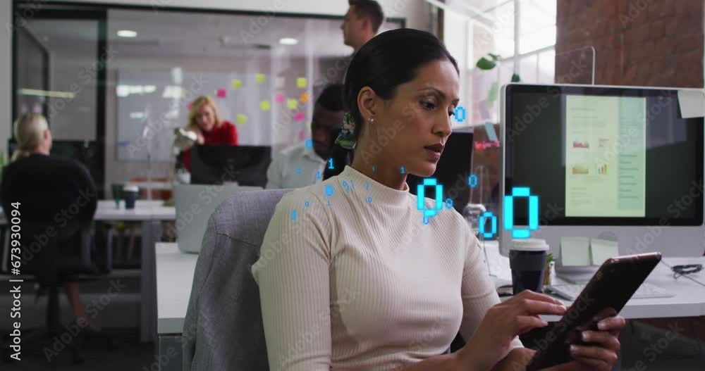 Poster animation of binary codes over biracial woman scrolling on digital tablet in office
