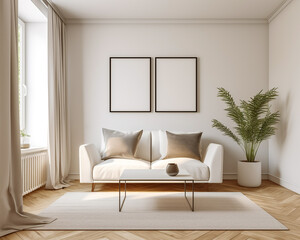 Two framed mockup posters in living room design interior, 3d render