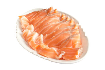 Sliced salmon fillets flashes on a plate. PNG isolated on transparent background.