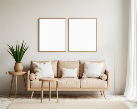Poster mockup with double vertical frame on empty white wall in living room interior. 3D rendering.