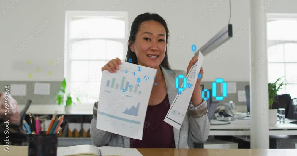 Poster animation of binary codes over asian woman discussing reports during video call on laptop