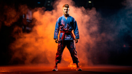 Fototapeta premium a Karate banner on a dynamic background with smoke and fire. Active sports.