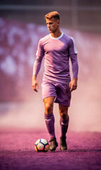 Banner Portrait football player sportsman on violet background with fog. In a purple football uniform
