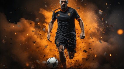 a soccer player in a black sports uniform is kicking the ball with dark blue background with blue smoke