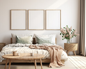bedroom set of 3 wooden frame mockup, for business, poster exhibition, wall art preview mockups, 3d rendering