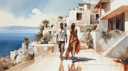 Naklejka premium Lovely man and woman on a large modern villa on a cliff with a swimming pool surrounded by the ocean. Luxury vacation