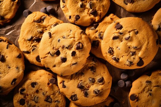 brown background with tasty chocolate chip cookie pictures. Generative AI