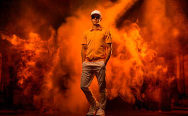 Fototapeta na wymiar dynamic banner portrait of tennis sportsman player in orange uniform on black background with pink smoke