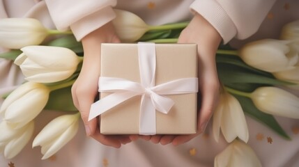 The child's hands hold a beautiful gift box with a ribbon and white tulips. Top view, close-up. Happy mother's day 