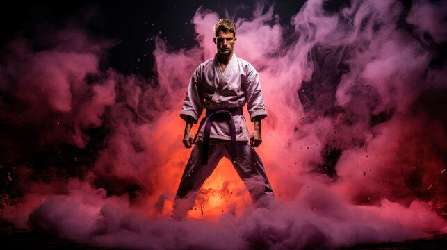 A Karate Banner On A Dynamic Background With Smoke And Fire. Active Sports.