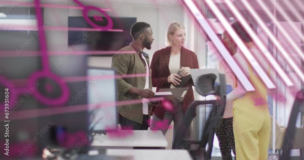 Poster animation of graphs, globe and computer language over diverse coworkers sharing ideas in office