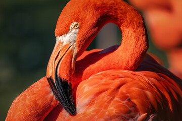 Close-up shot of a vibrant flamingo, with its head resting down on its chest in a peaceful stance