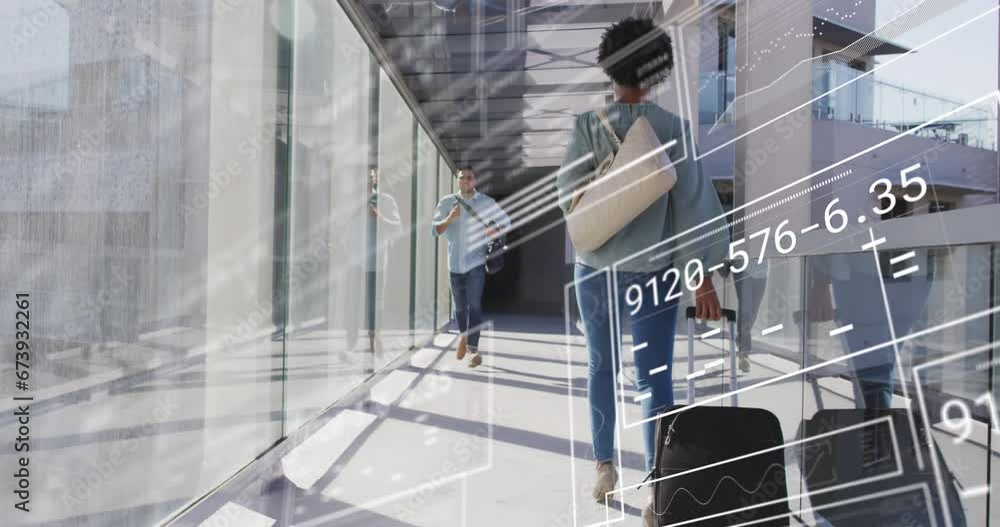 Poster animation of graphs, loading circles, changing numbers, biracial man running in corridor