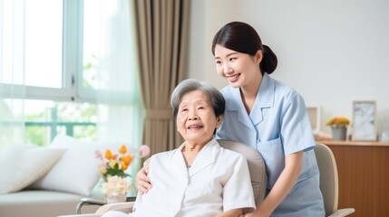 Fototapeta premium Asian Nurse or Physical therapist person visit Elderly patients at home
