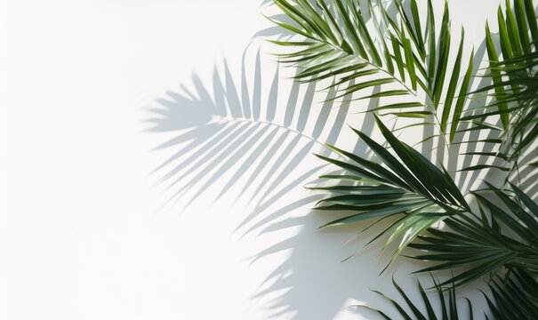 Tropical palm leaves with shadows on white concrete wall abstract blurred tropical background, Generative AI