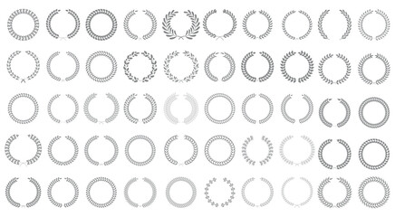 Set of one 50 and one silhouettes of laurel wreaths. Laurels wreaths frames branches decorative elements.