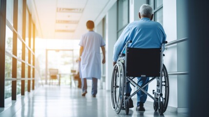 Nurse or medical person take care patients on Wheelchair at hospital corridor