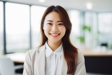 Happy asian business woman smiling at the camera. Portrait of confident young woman in a suit smiling at camera. Female business person portrait.