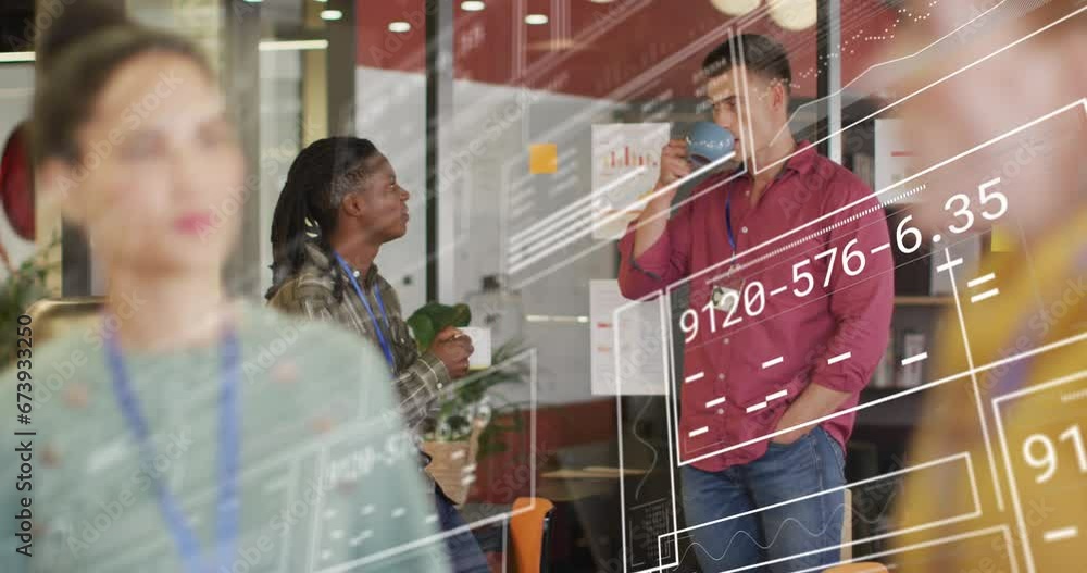 Poster animation of loading circles and changing numbers, diverse coworkers discussing while drinking tea