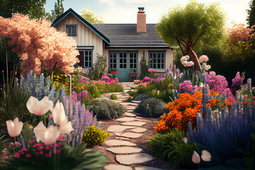 Blossoming flower garden near the cottage. Spring flower bed