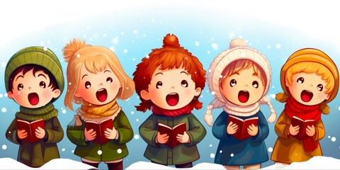 Obraz na płótnie Canvas Children Caroling: Joyful Christmas Songs by a Choir of Angelic Children in Winter Wonderland. Singing Carols to Celebrate the Festive Season.