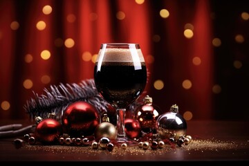 Christmas Beer Background. Dark Ale Beer in a Tulip Glass with Baubles, Tinsel, and Lights on a Red Background - obrazy, fototapety, plakaty